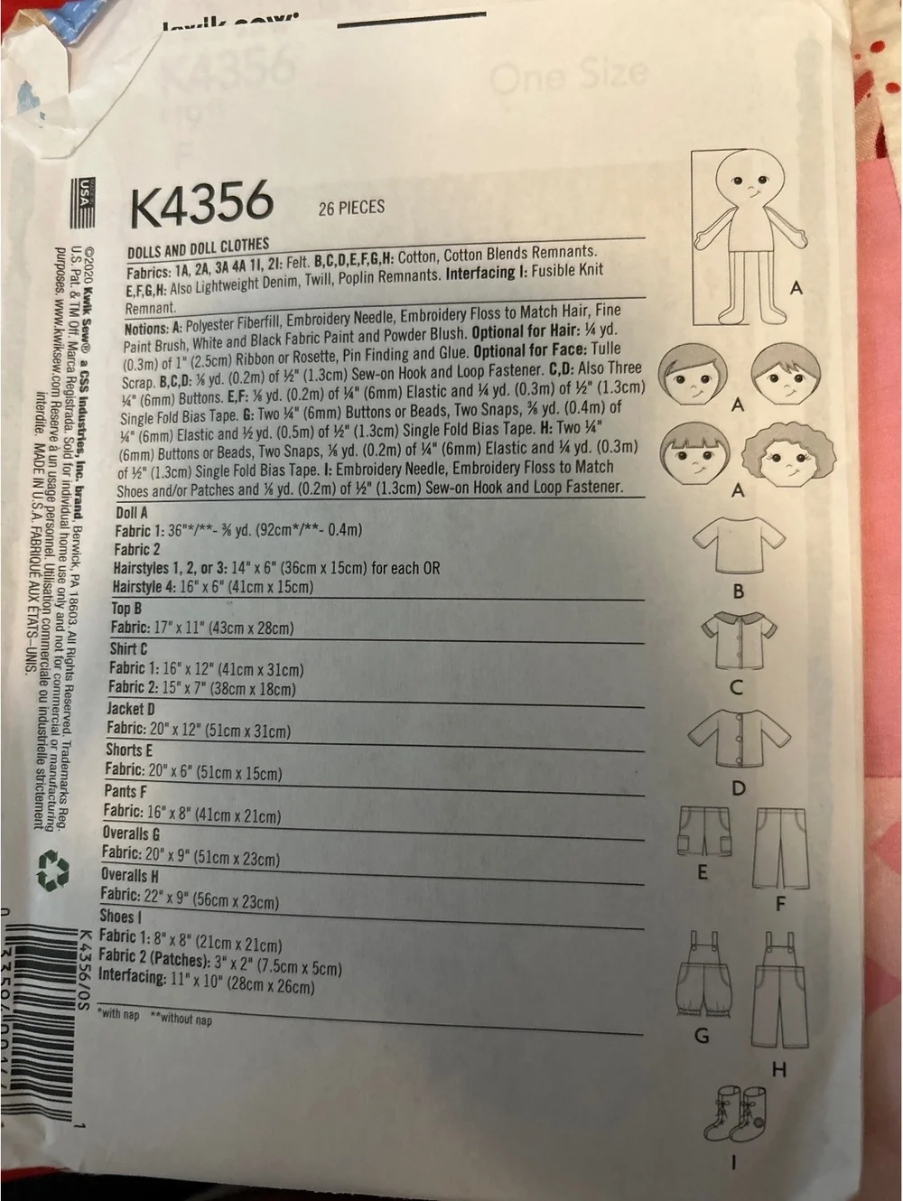 Kwik Sew K4356 Dolls and Doll Clothes Sewing Pattern